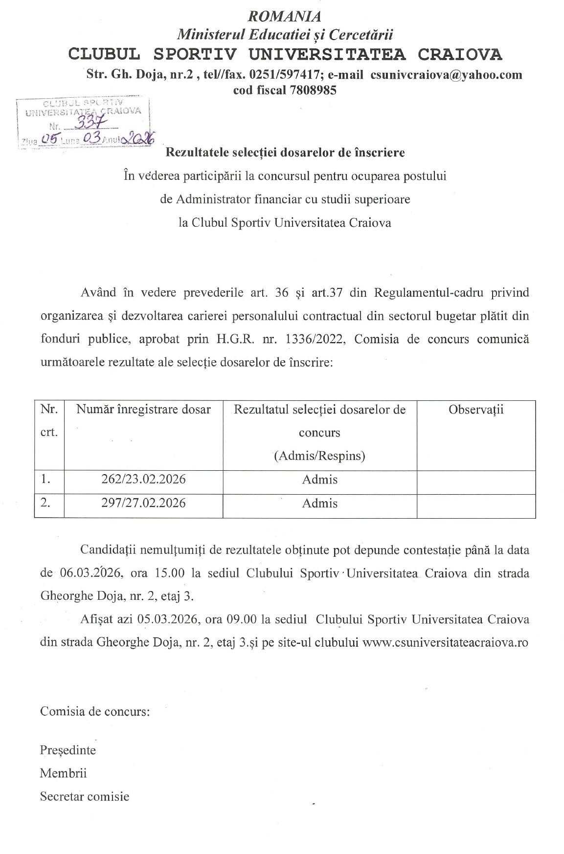 Rezultate selectia dosarelor